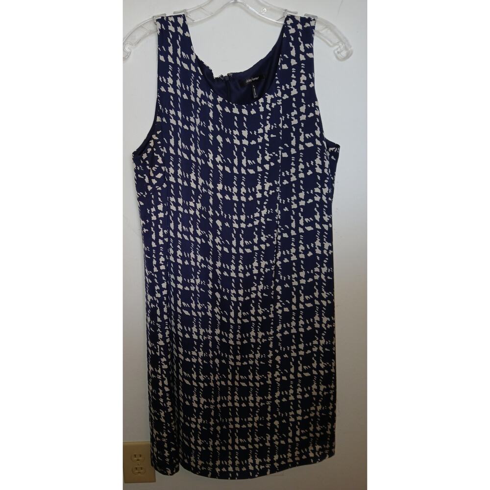 Daisy Fuentes Navy Blue White Career Church Shift Dress Large Silky Sleeveless